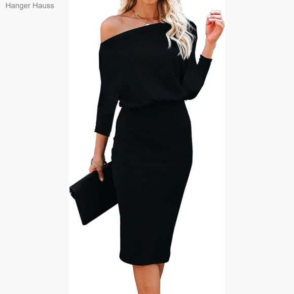 Off Shoulder Batwing Sleeve Pencil Midi Dress Loose Fit Stretchy Ribbed Knit